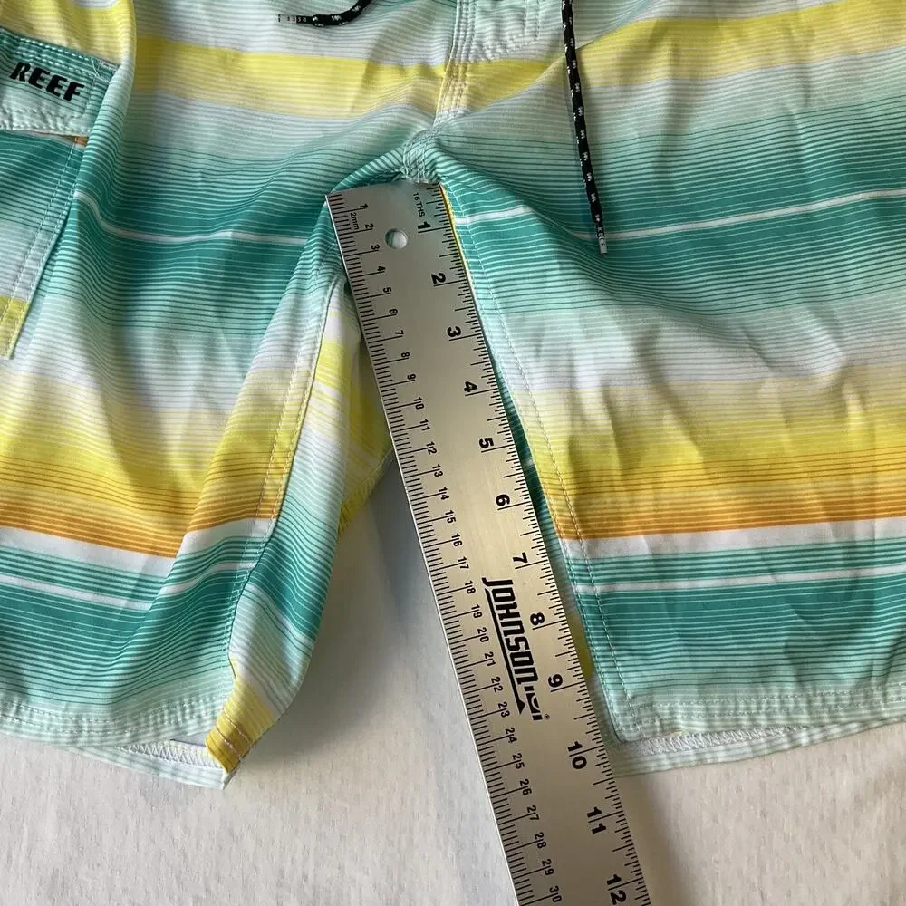 Reef Men Swimwear 32 Turquoise Board Shorts Striped Surf Shorts Logo Lined 10”